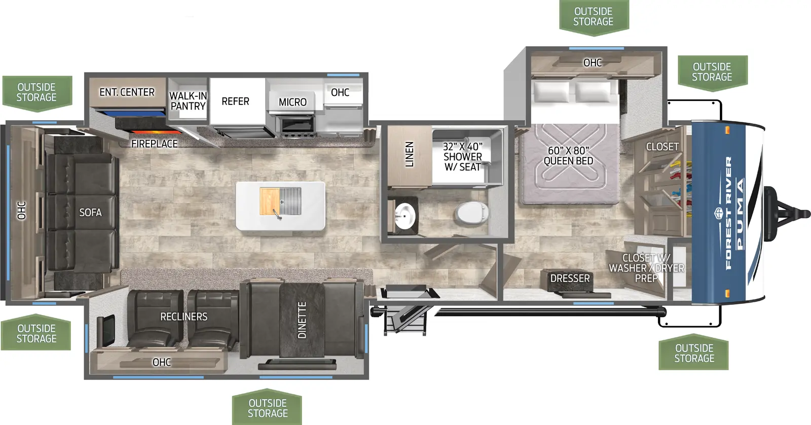 The Puma 31RLQS floorplan has one entry and three slide outs. Exterior features include: metal exterior and 13' awning. Interiors features include: kitchen island, front bedroom and rear living.